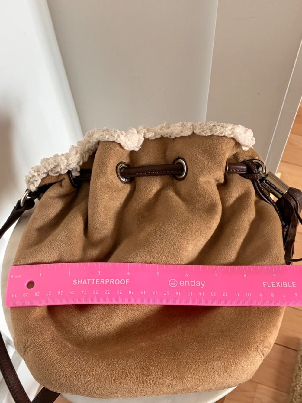 Michael Kors suede shearling mini bucket crossbody